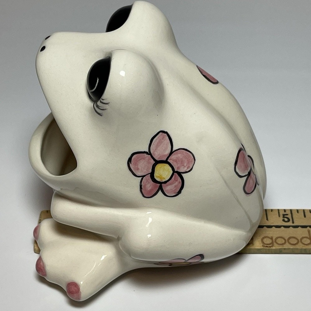 Vintage Studio Pottery Frog 1975 Pretty Eyes Pink Flowers Ceramic Sponge Holder - Picture 15 of 16
